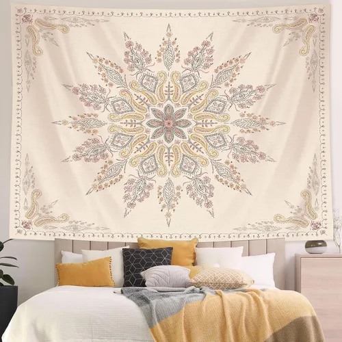 Miniatura 4 de Neasow Tapiz bohemio para colgar en la pared, tapiz floral beige y blanco con estampado de medallón, decoración bohemia para dormitorio, blanco