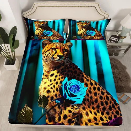 Miniatura 14 de Erosebridal Juego de sábanas bajeras de rosas rojas y leopardo, tamaño individual, diseño de animales africanos salvajes, diseño de plantas
