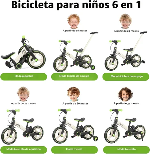 Miniatura 2 de JMMD Bicicleta 6 en 1 para niños de 18 a 60 meses, bicicleta de equilibrio plegable de 12 pulgadas con ruedas de entrenamiento, pedales, frenos