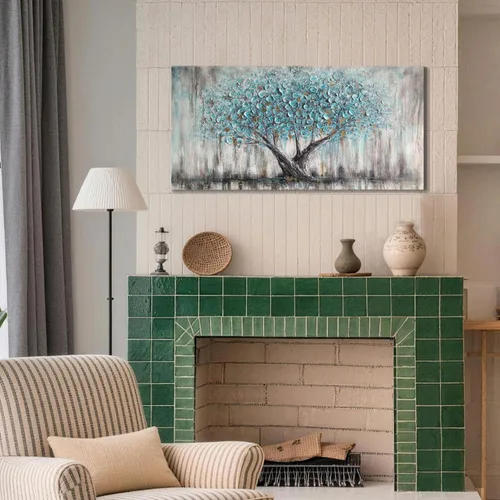 Miniatura 4 de Arjun Lienzo artístico para pared de árbol de la vida para sala de estar, pintura de árbol azul y verde azulado, 50% pintada a mano, imagen