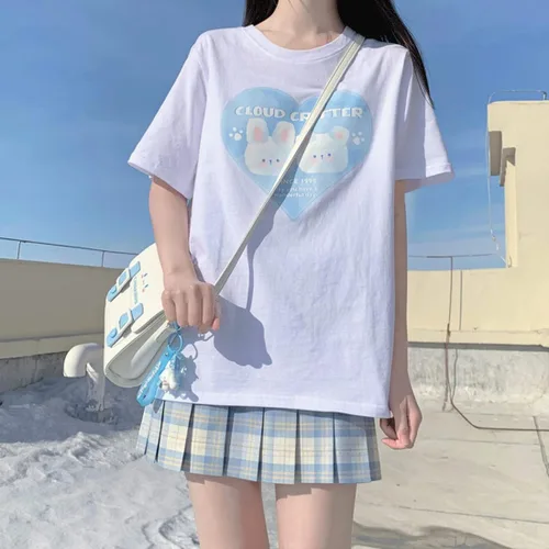 Miniatura 3 de Kawaii Clothes - Camiseta de cuello redondo con estampado de corazón de dibujos animados pastel