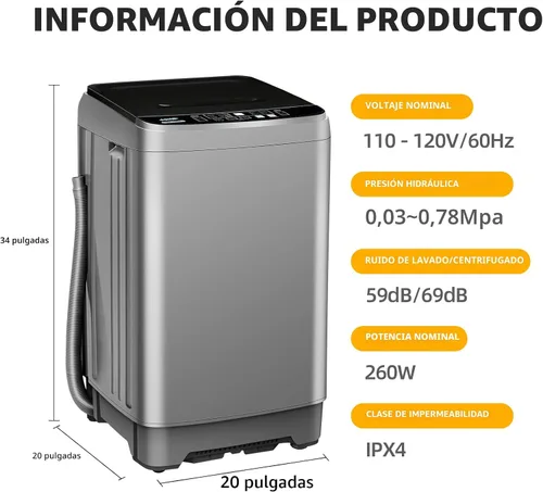 Miniatura 7 de Lavadora portátil, lavadora pequeña completamente automática de 17.7 libras para apartamento, 10 programas de lavado con manguera de drenaje