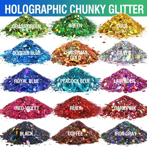 Miniatura 2 de LEOBRO Purpurina holográfica gruesa – 15 colores para manualidades de resina, uñas, cuerpo y joyería – con 10 cucharas mezcladoras