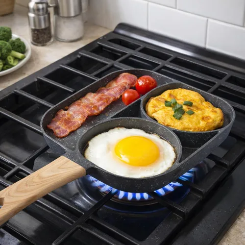 Miniatura 3 de Sartén antiadherente para huevos fritos de 3 secciones para estufa de gas, cocina de inducción, cocina de desayuno, color negro