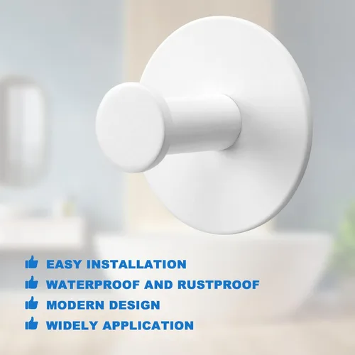 Miniatura 4 de Paquete de 2 ganchos de pared adhesivos blancos de acero inoxidable sin daños, ganchos impermeables para sombreros, para baño, cocina