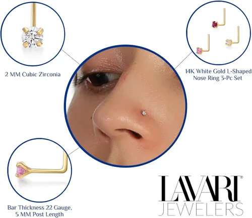 Miniatura 4 de Lavari - Juego de anillos para nariz de circonio cúbico de oro de 14 quilates, 0.079in, color blanco y rosa
