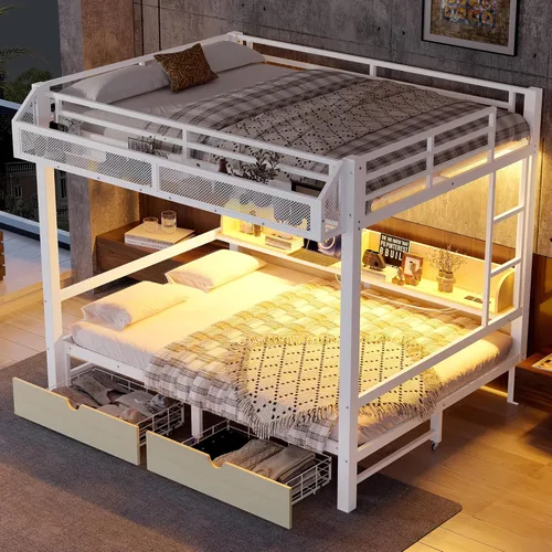 Miniatura 13 de Bellemave Litera Twin XL sobre Queen con estantes de almacenamiento y luces LED, literas de metal con escaleras, marco de litera resistente