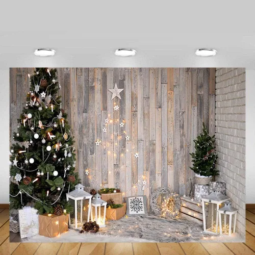 Miniatura 3 de MEHOFOND Árbol de Navidad de invierno de 8 x 6 pies, fondos de pared de madera marrón rústica, estrellas, regalos, corona, fotografía, fondo, feliz