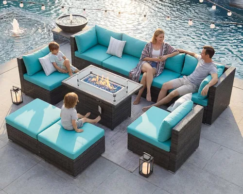 Miniatura 37 de BULEXYARD Juego de 7 piezas de sofá seccional para exteriores con respaldo alto, mesa para fogatas, juego de muebles de patio de mimbre resistente a
