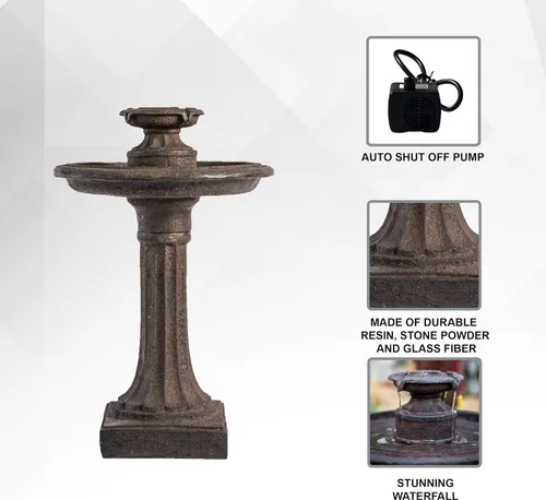 Miniatura 3 de XBrand Fuente de agua de baño de pájaros de 1 nivel para exteriores, fuente de resina con bomba de apagado automático, color marrón