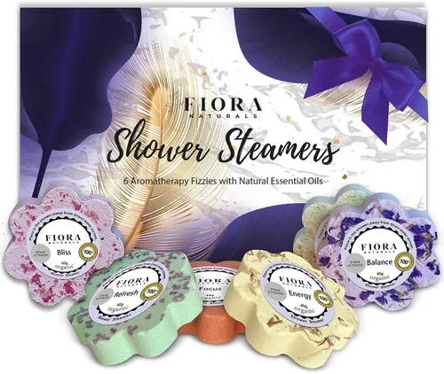 Fiora Naturals - Juego de 6 bombas de ducha con aceites esenciales para aliviar el estrés, ducha de hidromasaje, bomba de baño para ducha, regalo
