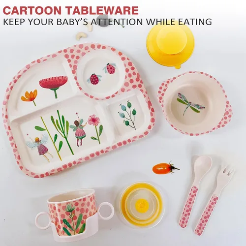 Miniatura 8 de shopwithgreen - Juego de 7 piezas de bambú para niños - Vajilla para niños - Plato, tazón, taza, cuchara, tenedor, vajilla para comida, vajilla