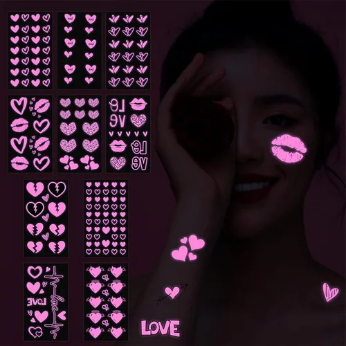 Tatuajes temporales de neón UV, 170 piezas con forma de corazón rosa, diseños brillantes que brillan en la oscuridad, tatuajes falsos impermeables