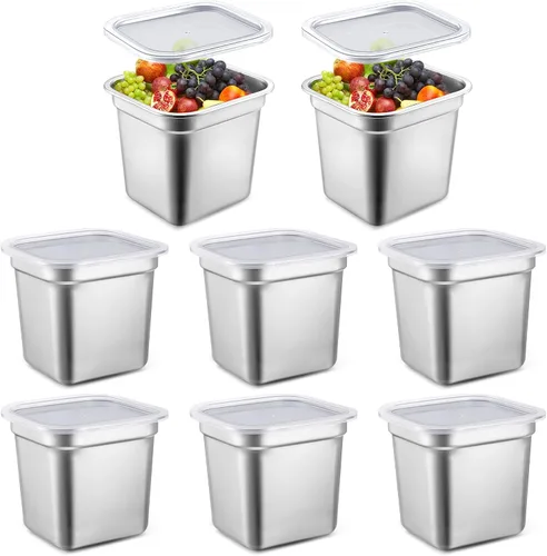 8 sartenes de mesa de vapor de hotel de tamaño 1/6 con tapas, recipientes de alimentos de acero inoxidable y cubiertas de plástico PP, sartenes de