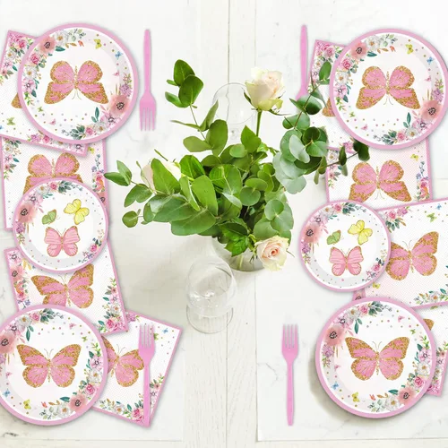Miniatura 6 de Juego de vajilla de fiesta de mariposa para 24 invitados, diseño floral de mariposa, primavera, fiesta de cumpleaños, platos de papel, servilletas