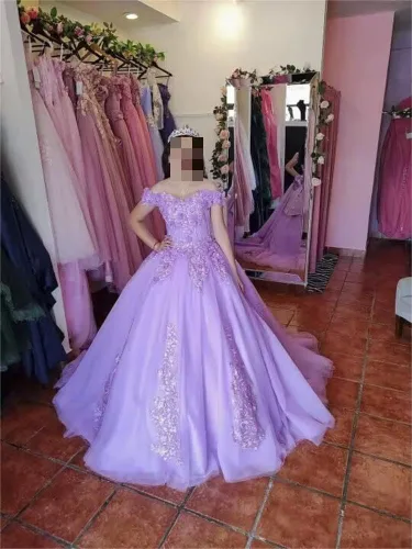 Miniatura 6 de Loyeloy Vestidos de quinceañera con hombros descubiertos para niñas, vestidos de fiesta hinchados con flores 3D para adolescentes, vestidos