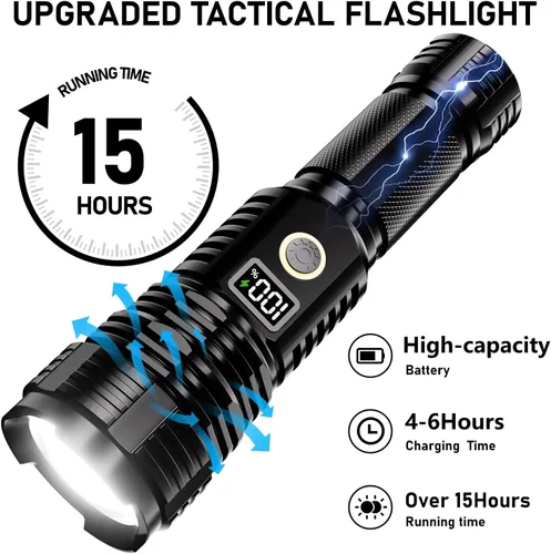 Miniatura 4 de Linternas recargables de alto lúmenes, 10000 lm LED súper brillante, linternas con zoom con pantalla digital LCD, 5 modos, impermeable, potente Negro