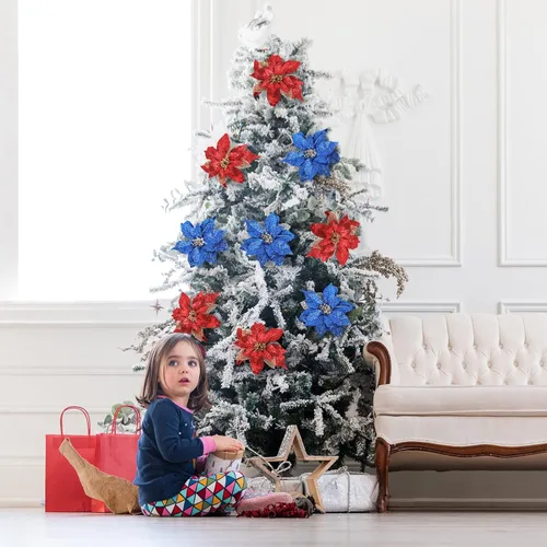 Miniatura 6 de Adornos para árbol de Navidad de flor de pascua azul real con purpurina grande de 9 pulgadas, decoración de flores artificiales para boda, paquete