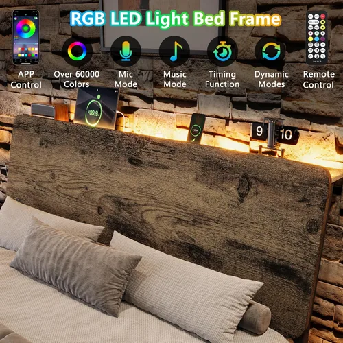 Miniatura 3 de Einhomn Base de cama Queen con cabecera de almacenamiento ergonómico, marco de cama LED con estación de carga, almacenamiento debajo de la cama