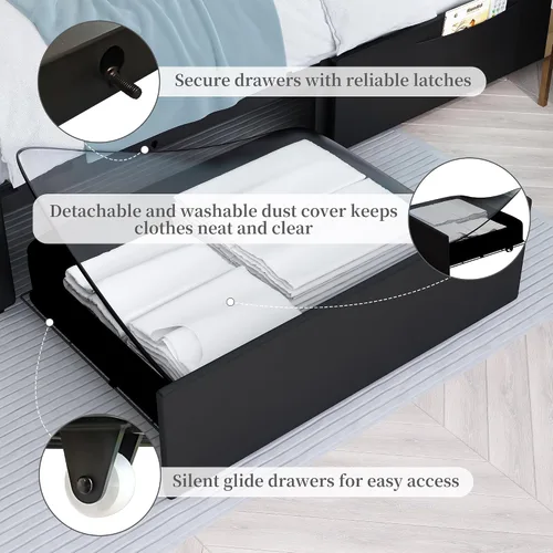Miniatura 5 de SIBEDS Base de cama completa con LED y 2 cajones, marco de cama de plataforma de metal resistente de tamaño completo con cabecera ajustable