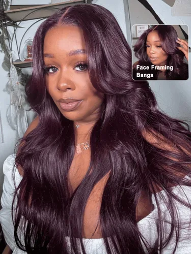 Miniatura 3 de UNICE Peluca de Cabello Humano Black Cherry Loose Wave Bye Bye Knots con Encaje Frontal de 7x5 con Cordón, con Flequillo Enmarcador del Rostro, Pre