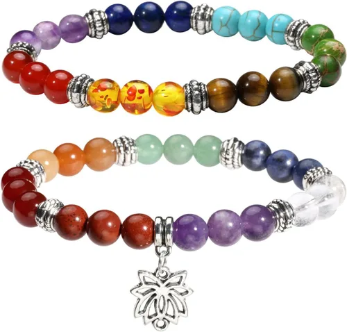 Miniatura 20 de Eigso Pulsera elástica de piedra de cristal de meditación curativa de 7 chakras para mujer con símbolo de loto, yoga, árbol, OM