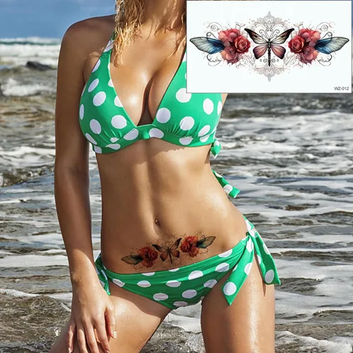 Miniatura 3 de Tatuajes temporales de flores sexys, mariposas, 20 hojas grandes, flores rojas, encaje, ombligo, busto, estómago, glúteos, piernas, brazos, parte