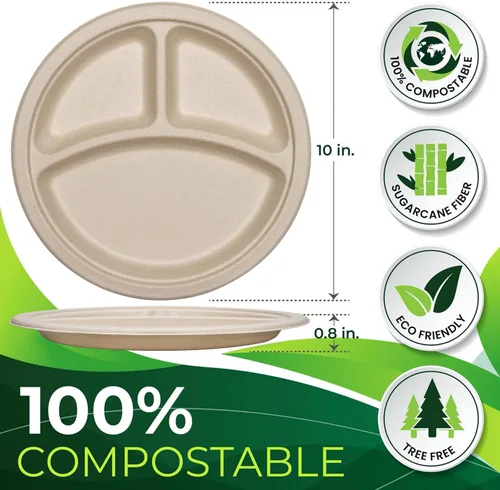 Miniatura 2 de 150 platos de papel marrón 100% compostables de 10 pulgadas, platos desechables resistentes de 3 compartimentos, platos seccionales ecológicos