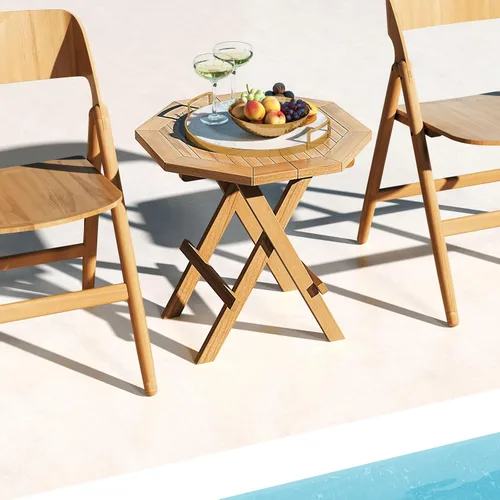 Miniatura 9 de RELAX4LIFE Mesa auxiliar plegable para exteriores, mesa auxiliar de madera de teca, mesa de café octogonal con mesa de listones, mesa de campamento