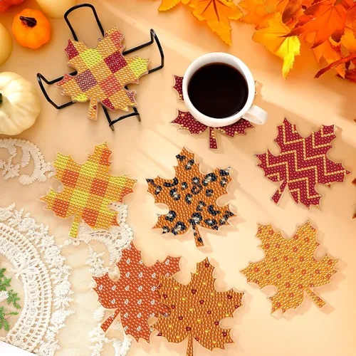Miniatura 4 de FairySandy Juego de 10 posavasos de pintura de diamantes con tema de hoja de arce de otoño para Acción de Gracias con soporte, kits de posavasos