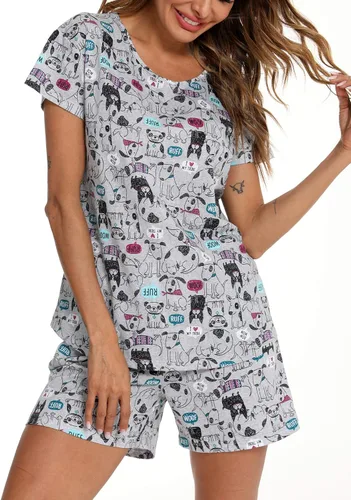 Miniatura 2 de ENJOYNIGHT - Conjunto de pijama estampado de camiseta y pantalones cortos con bolsillos para mujer