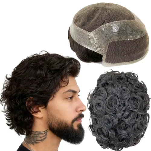 Miniatura 6 de Toupee - Pelucas de cabello humano para hombre, tupé europeo virgen, unidades de cabello humano ondulado, peluca para hombre, sistema de reemplazo