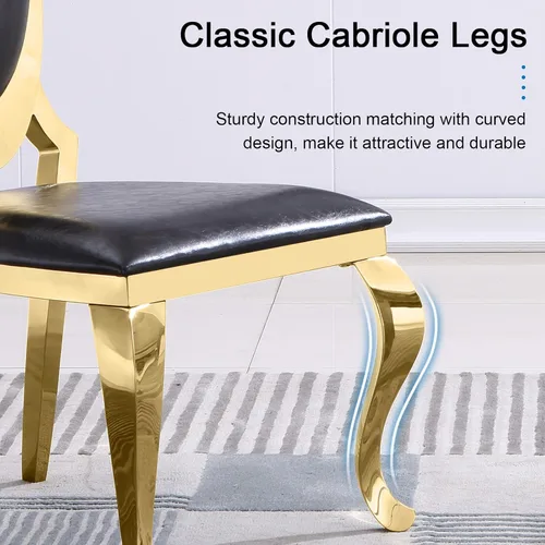 Miniatura 7 de ACEDÉCOR Juego de mesa de comedor moderno de 5 piezas con 4 sillas de comedor de cuero negro, mesa de comedor con base en U de metal de acero Oro