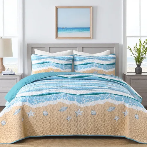 Miniatura 23 de DJY Beach Quilt Set Queen Size,3 Piece Coastal Ocean Summer Bedspread Coverlet Set with 2 Pillow Cases Lightweight Soft Microfiber Nautical Bedding