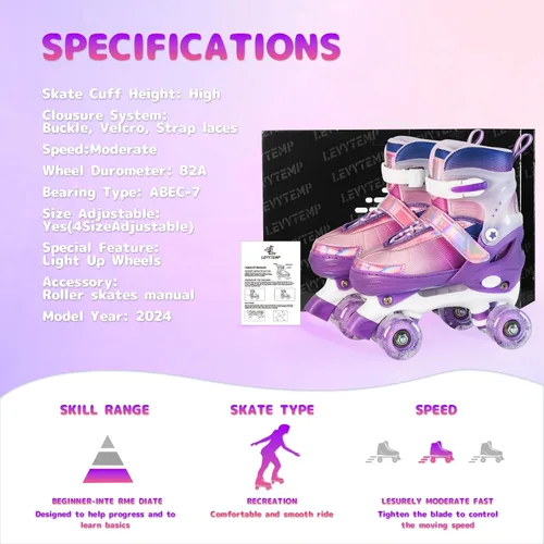 Miniatura 4 de Rainbow Roller Skates for Girls Kids, Gradient Pink Purple 4 Size Adjustable Quad Skates Size XS S, M, L Ages 3-12 with All Light Up Wheels for Kids