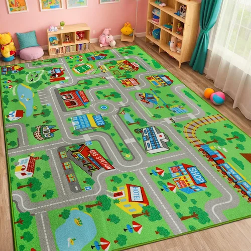 Miniatura 10 de Alfombra de juego para niños de 6.6 x 5.0 pies, alfombra azul para niños para autos de juguete, alfombra antideslizante de mapa de la ciudad