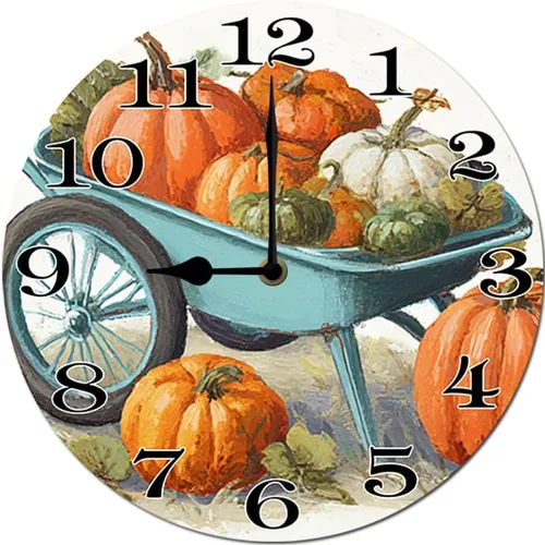 Miniatura 7 de Reloj colgante de madera con parche de calabaza, reloj de pared redondo de madera, silencioso, sin tictac, funciona con pilas, números arábigos