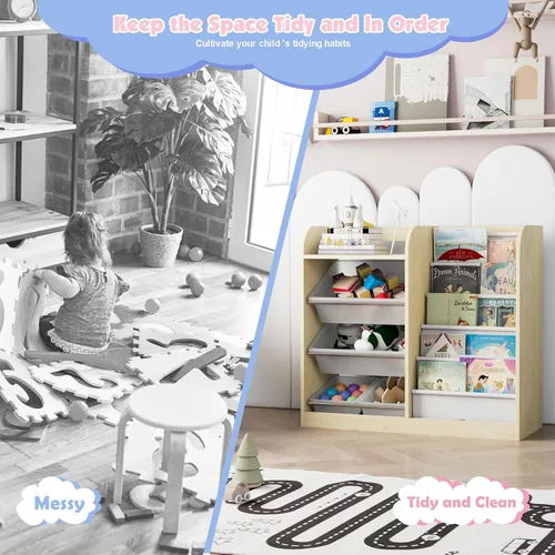 Miniatura 3 de Estantería de madera natural para niños, caja de almacenamiento de juguetes, estante organizador con 4 contenedores de plástico extraíbles