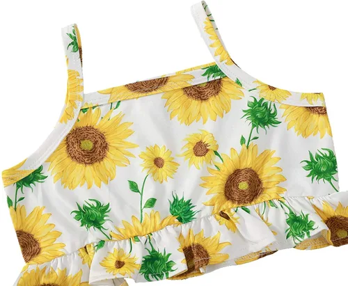 Miniatura 3 de Conjunto de traje de verano de 2 piezas con estampado de girasol, parte superior corta con volantes y pantalones cortos de cintura elástica