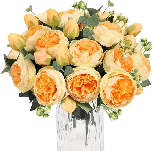 Miniatura 12 de Ramo de peonías artificiales de seda, 4 paquetes de rosas persas sintéticas con hojas de eucalipto para decoración del hogar, boda, fiesta