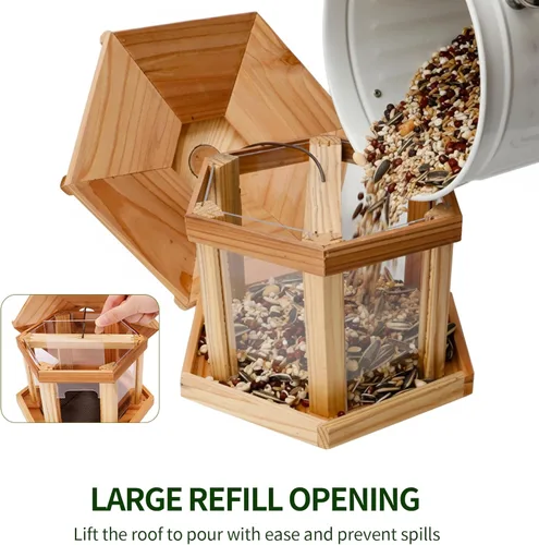 Miniatura 5 de Solution4Patio - Comedero para pájaros para exteriores, comedero tipo gazebo hexagonal de cedro de Estados Unidos con bandeja de malla ventilada