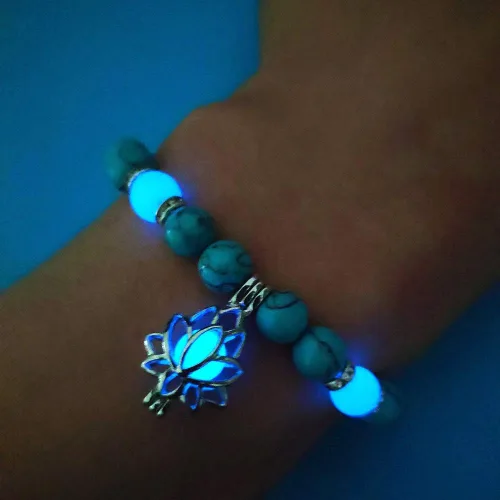 Miniatura 4 de Pulsera luminosa con forma de flor de loto que brilla en la oscuridad para mujer, piedras turquesas naturales, joyería de oración de yoga, Metal