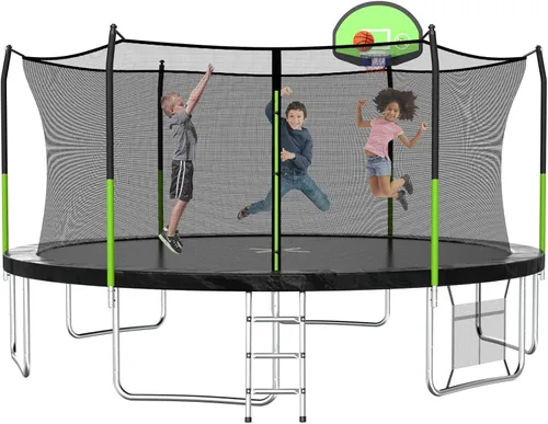 Miniatura 14 de AOTOB Trampolín de 8 pies, 10 pies, 12 pies, 14 pies, 15 pies, con red de seguridad, trampolín para exteriores con aro de baloncesto, alfombrilla