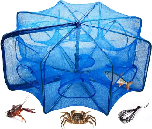 Trampa de cebo de pesca portátil, red de pesca plegada, jaula de red plegable con cremallera, jaula de red de pesca octogonal para pececillos,