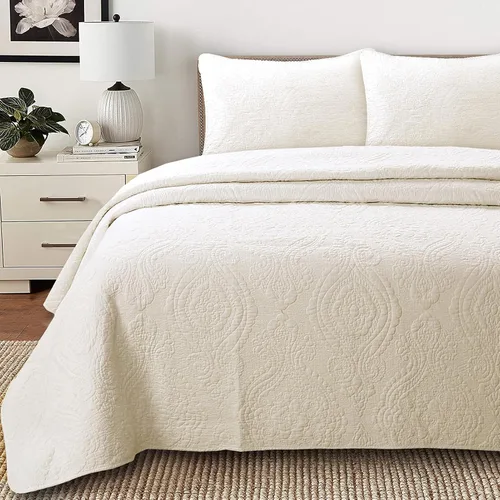 Miniatura 23 de Cozy Line Home Fashions - Juego de edredón de cama de algodón 100% Victoriano con medallón sólido blanco, matelassé, grabado, reversible, ligero
