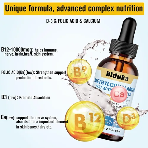 Miniatura 2 de Gotas líquidas de vitamina B12 sublinguales de 10,000 mcg, fórmula única con D3, B9 (ácido fólico), calcio, energía de apoyo, corazón, estado