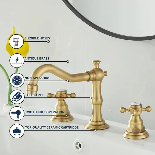Miniatura 5 de Grifo de 2 manijas para lavabo de baño de tres agujeros, grifo de lavabo extendido, latón antiguo, grifo mezclador con manguera de suministro