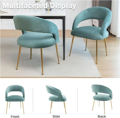 Miniatura 4 de Juego de 2 sillas de comedor modernas, tapizadas de terciopelo con patas doradas y respaldo hueco, reposabrazos copetudos para sala de estar, Verde