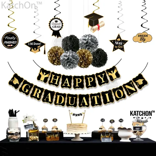 Miniatura 3 de Suministros de fiesta de graduación 2020. Cartel de graduación – Decoración de remolinos colgantes Decoración negra y dorada Feliz graduación