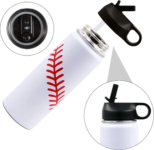 Miniatura 6 de Botella de agua de béisbol de 18 onzas, botella deportiva de boca ancha, vaso de viaje de metal con 2 tapas, botellas de agua aisladas al vacío